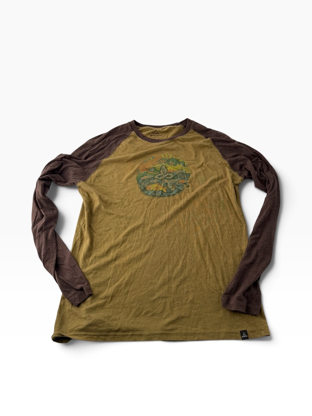 PrAna Vintage Men’s Olive Green Brown Long-Sleeve Raglan T’Shirt Athleisure Sz L